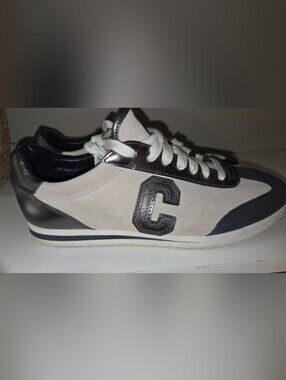 Coach Ian Suede Mirror Metallic Sneakers Midnight Navy Beige Women's Size 10